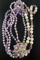 Vintage 1950’s Purple, Lavender Faux Pearl , Resin Enamel Flower Motif Necklace