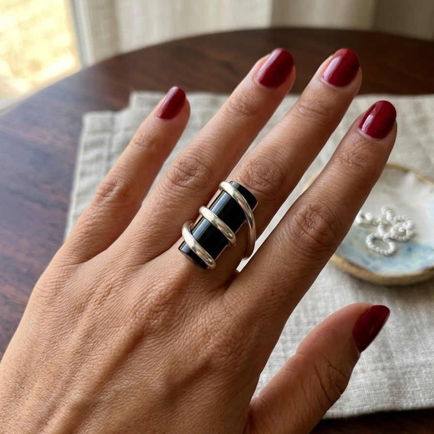 Black Onyx Ring Sterling Silver Modernist Cylinder Geometric Wrap Statement 925