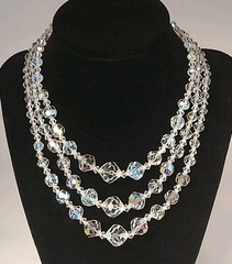 Vintage Crystal AB Glass Clear Iridescent Bead Necklace 3 Strand Collar Bib