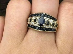 2CT Oval Cut Real Blue Sapphire Wide Pave Band Wedding Ring 14K Yellow Gold Over