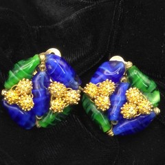 Elegant Vintage Les Bernard Clip On Earrings Blue & Green Glass Golden Ornament