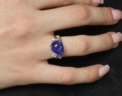 Estate 6.85ct Cabochon Cut Tanzanite & 0.24ct Diamond Platinum Ring Size 5.75