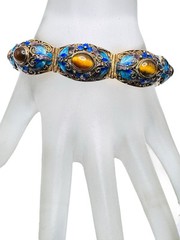 Vintage Chinese Export Gilt Silver Enamel Mesh Filigree Bracelet Tigers Eye Nice