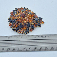 Jet Black & Topaz Orange Rhinestone Domed Brooch Gold Tone D&E? Style 2.25″