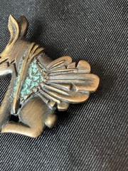 Vintage Southwestern Rabbit Brooch Stylized Winged Jackrabbit Turquoise Inlay
