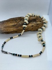 Chunky Handmade Necklace: Bone, Turquoise & Horn w Sterling Closure.