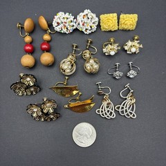 Lot of 9 Pairs Vintage Retro Clip On Screw Back Earrings Mixed Materials Styles