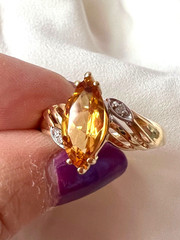 VINTAGE SOLID 14K YELLOW GOLD MARQUISE NAVETTE GOLDEN HONEY CITRINE DIAMOND RING