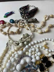 Lot Vintage Costume Jewelry For Repurposing And Wear Shell Necklace Beads Etc.