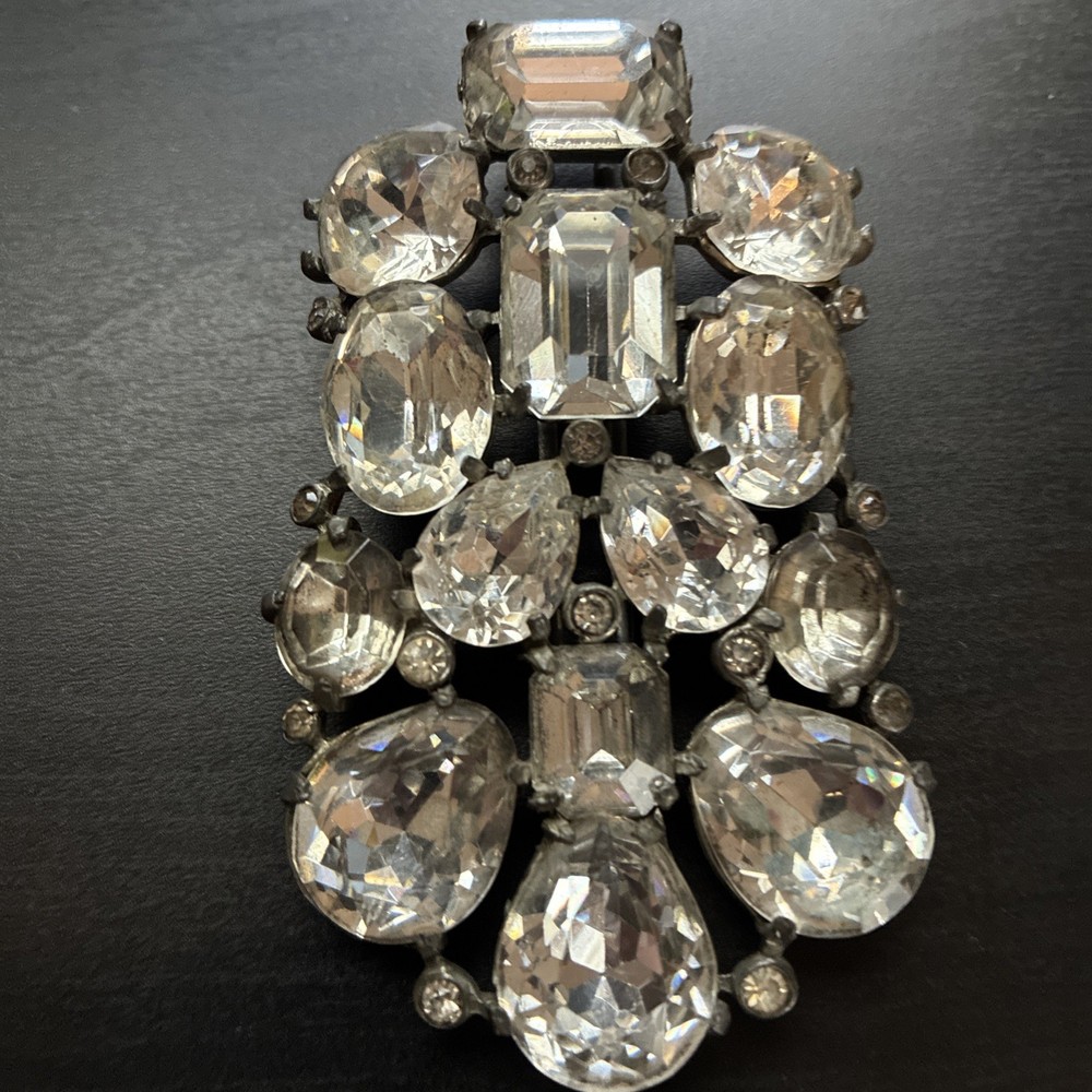 Vintage Eisenberg Original Rhinestone Brooch Signed Clear Stones Silver Tone