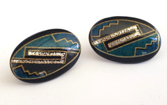Vintage Art Deco Revival Resin Black Green Oval Pierced Earrings 1-3/16″