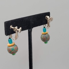 Polymer Clay Bead Multicolor Clip on Earrings Silver tone Dangle 1″