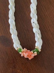 Vintage Beachy Necklace 17″ – Mother of Pearl Pink Coral 3 Strand Twisted
