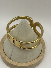 Vintage Gold Tone Modernist Hinged Cuff Bracelet Abstract Statement Spring Clasp
