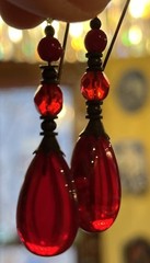 Vintage Red Glass Teardrop Cabochon & Faceted Dangle Drop Pierced Earrings
