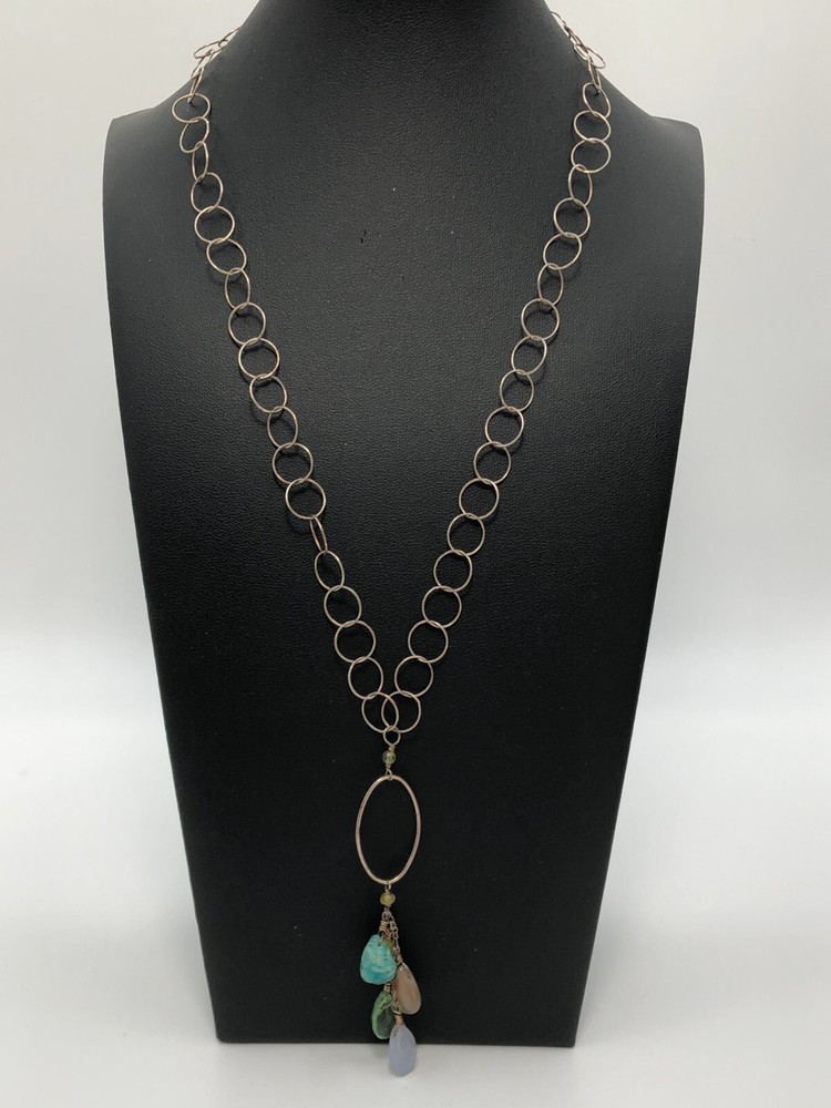 Delicate Sterling Silver Round Link Lavaliere Necklace Glass Dangles Vintage