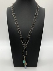 Delicate Sterling Silver Round Link Lavaliere Necklace Glass Dangles Vintage