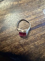 Pretty Vintage Art Deco Red Glass Ring with Detailed Buckle Band, Size 5.5