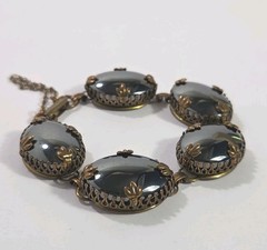 Vintage Jan Michaels Antiqued Brass Filigree Hematite Cabochon 5 Link Bracelet