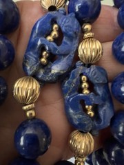 Vintage Lapis Lazuli and 14K Beads Hand Knotted 30” Necklace With Figural Beads