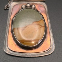 Vintage Artisan Sterling Silver Picture Landscape Jasper Oval Pendant Necklace O