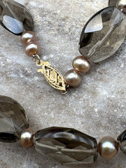 Vintage Faceted Smoky Quartz Topaz Beaded Necklace w/ Filigree 14K Gold Clasp