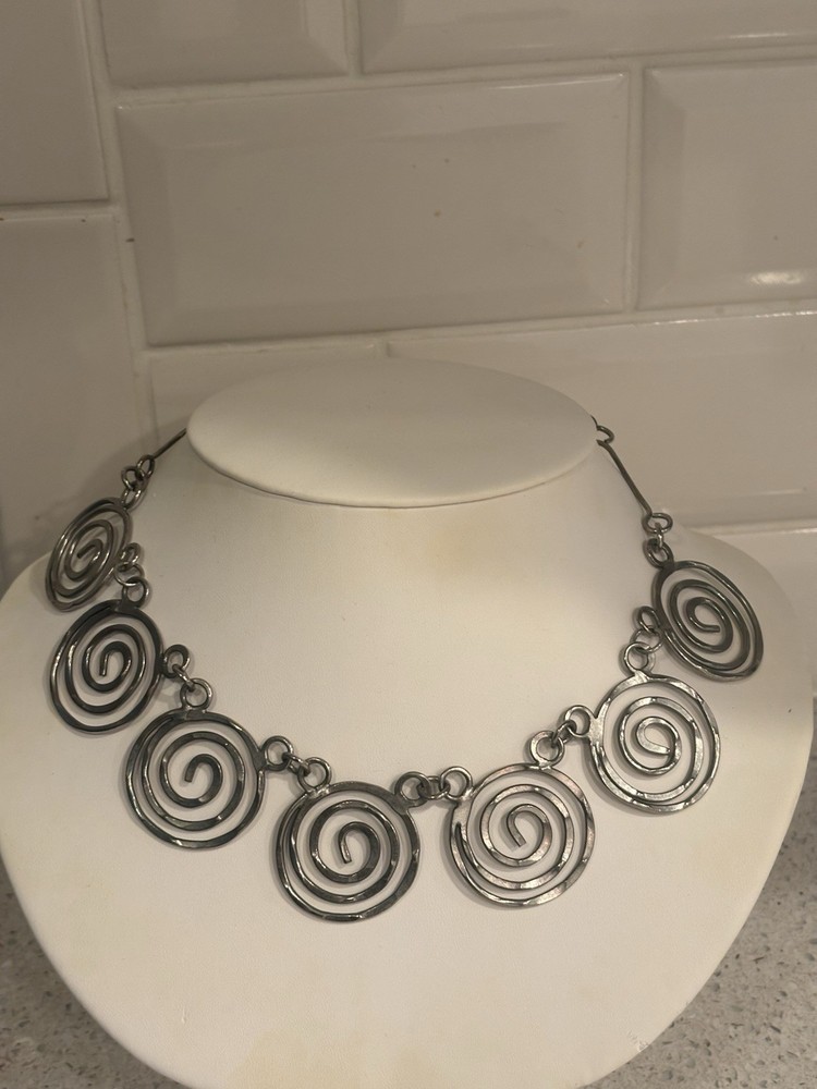 Vintage Silver Tone Spiral Necklace Art Deco Modern Statement Necklace Quality!!