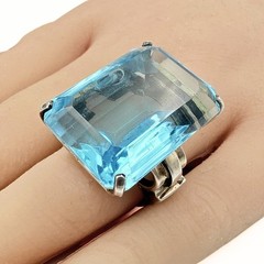 Vintage Retro Marked Rectangular Cut Blue Glass Sterling Silver Ring Sz 5.75