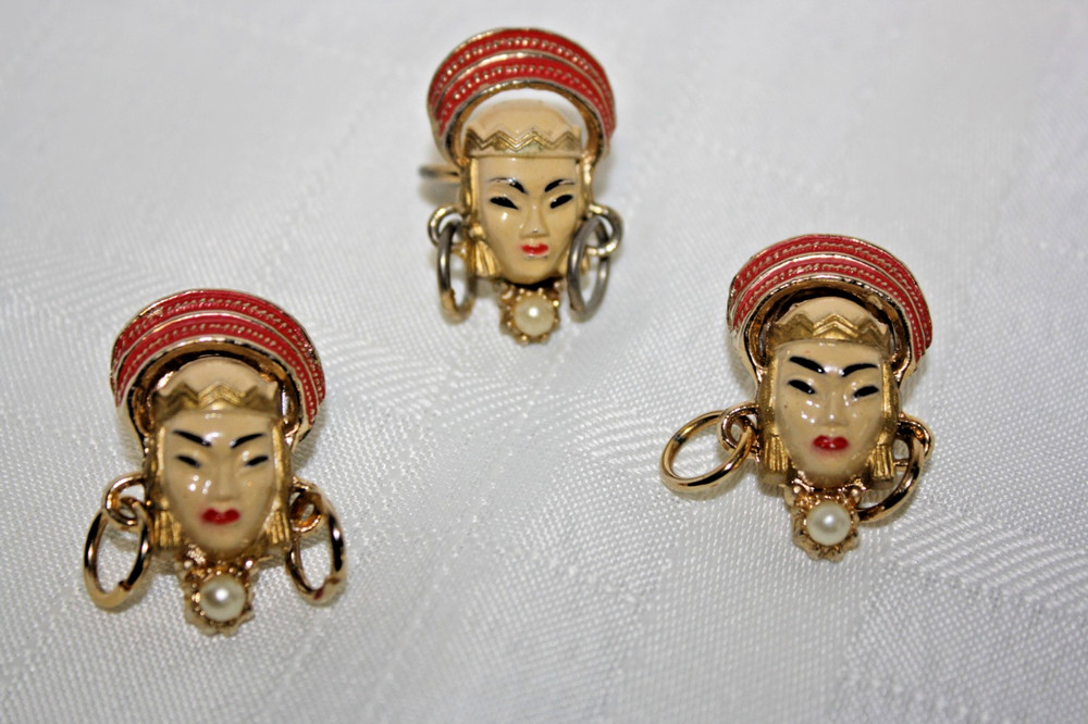 Vintage Unsigned SELRO Selini Asian Princess Face Earrings Ring Set