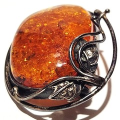 Antique Sterling Silver 925 Cognac Baltic Amber Pendant Brooch Necklace 24 Grams