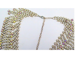 Vintage AB Rhinestone Fringe Bib Statement Necklace Silver Tone Glam