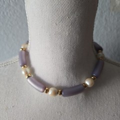 Vintage Napier Lavender/White Faux pearls Beads Choker Necklace 16″L
