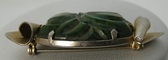 Vintage Art Deco Carved Floral Varied Green Bakelite Catalin Curled Ribbon Pin