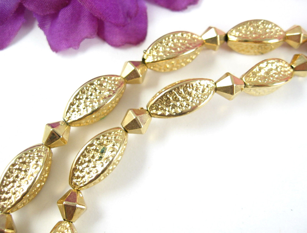 Double Strand GOLDTONE BEADED NECKLACE Vintage Choker Football Beads 15.5 In