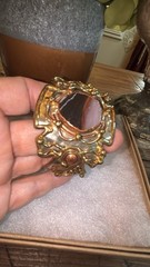 Vtg Mixed Metals Agate Stone Hammered Brutalist Style Cuff Bracelet