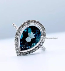 Large London Blue Pear Shape 4.00CT Topaz With Round Clear CZ Engagement Ring