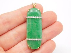 CHINESE EXPORT 14K YELLOW GOLD GREEN JADE DIAMOND STONE PENDANT
