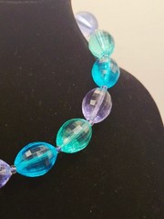 Vtg Lucite Aqua and Purple Graduated Bead Necklace with Brass Clasp