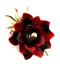 Vintage CORO Red Black Enamel Flower Pin Brooch Floral Statement Signed 3 1/8″