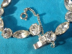Vtg. EISENBERG BRACELET&TWO PAIRS EARRINGS CLEAR RHINESTONES ALL SIGNED,LOT/SET