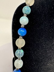 Vintage Blue Stone Frosted Sea Glass Bead Necklace Asian Box Clasp 24″