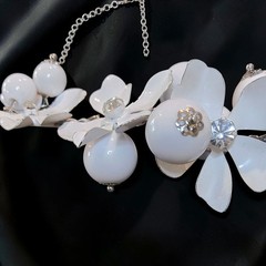 Vintage White Milk Glass Floral Necklace Enamel Cha Cha Rhinestone 16″-22.5″