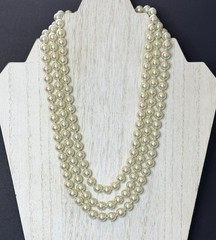 Vintage 3 Strand Faux Glass Pearl Necklace 18″ 8mm Knotted Gold Tone Slide Clasp