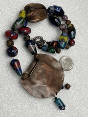 Vintage Multicolor Glass Large Bead Necklace Copper Green Jasper Pendant * Read
