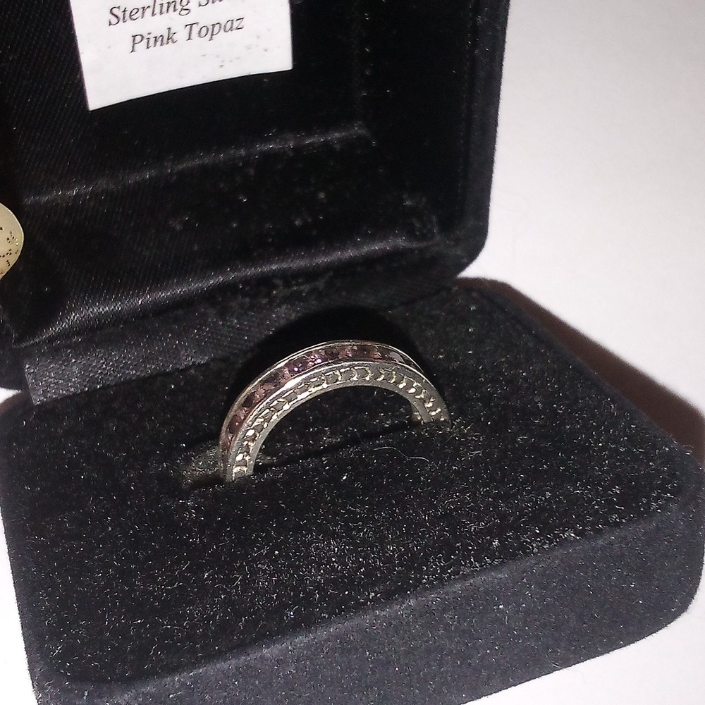 Vintage 925 Sterling Silver Pink Topaz Eternity Band Ring Original Velvet Box 6