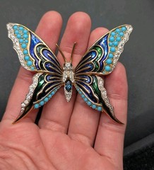 Large Vintage Unsigned Jomaz Gold Tone Enamel Rhinestone Butterfly Brooch ⚠️Read