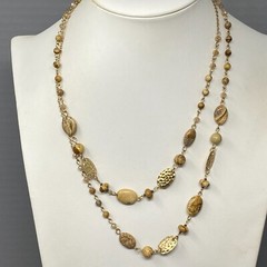 Stone Bead Necklace Brown Marble Gemstone StationChakra Long Gold Tone Chain 44″
