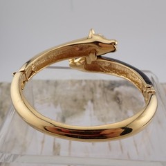 Jackie Collins 2 Panther Enamel Black Gold Tone Rhinestone 6.5″ Hinged Bangle