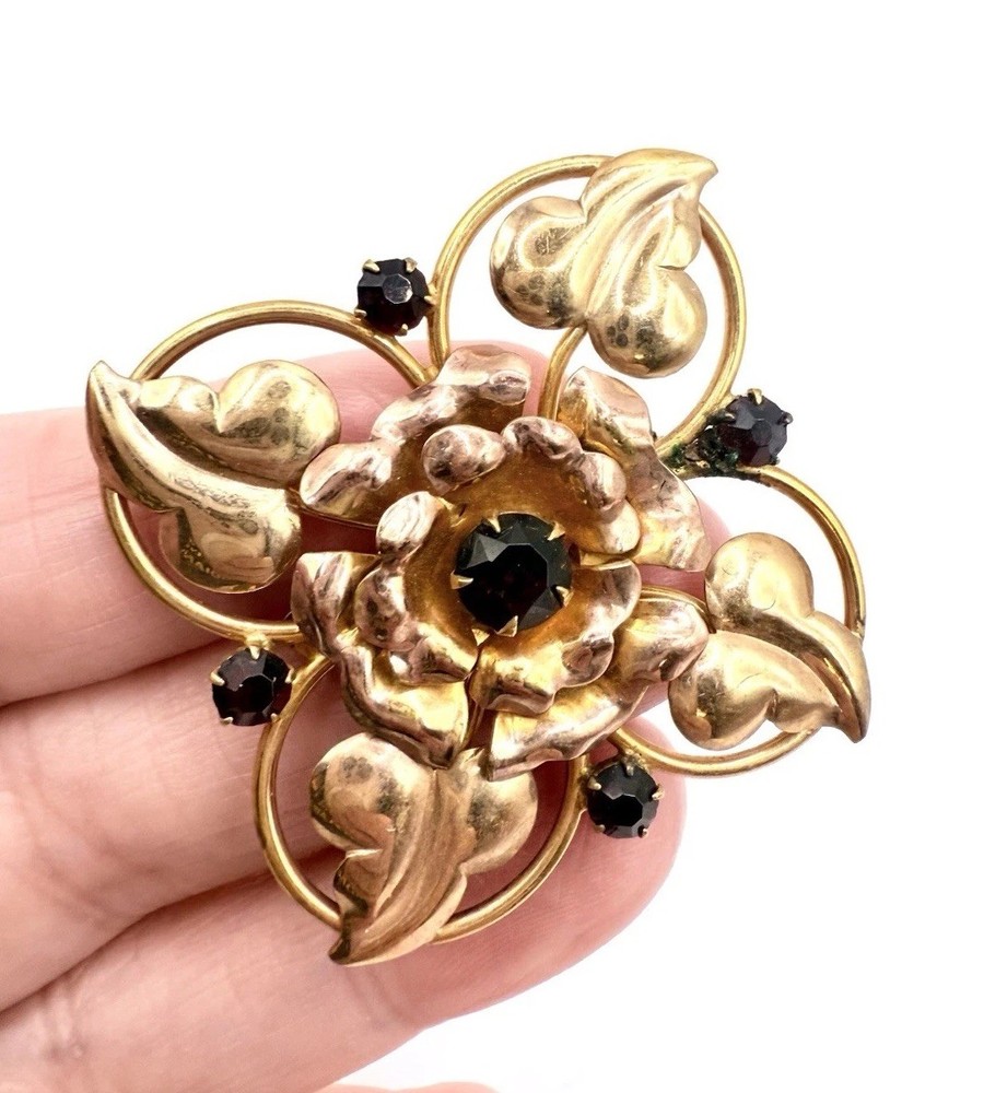 Marathon Co 12k Gold Filled Black Rhinestone Brooch Signed Vintage Jewelry