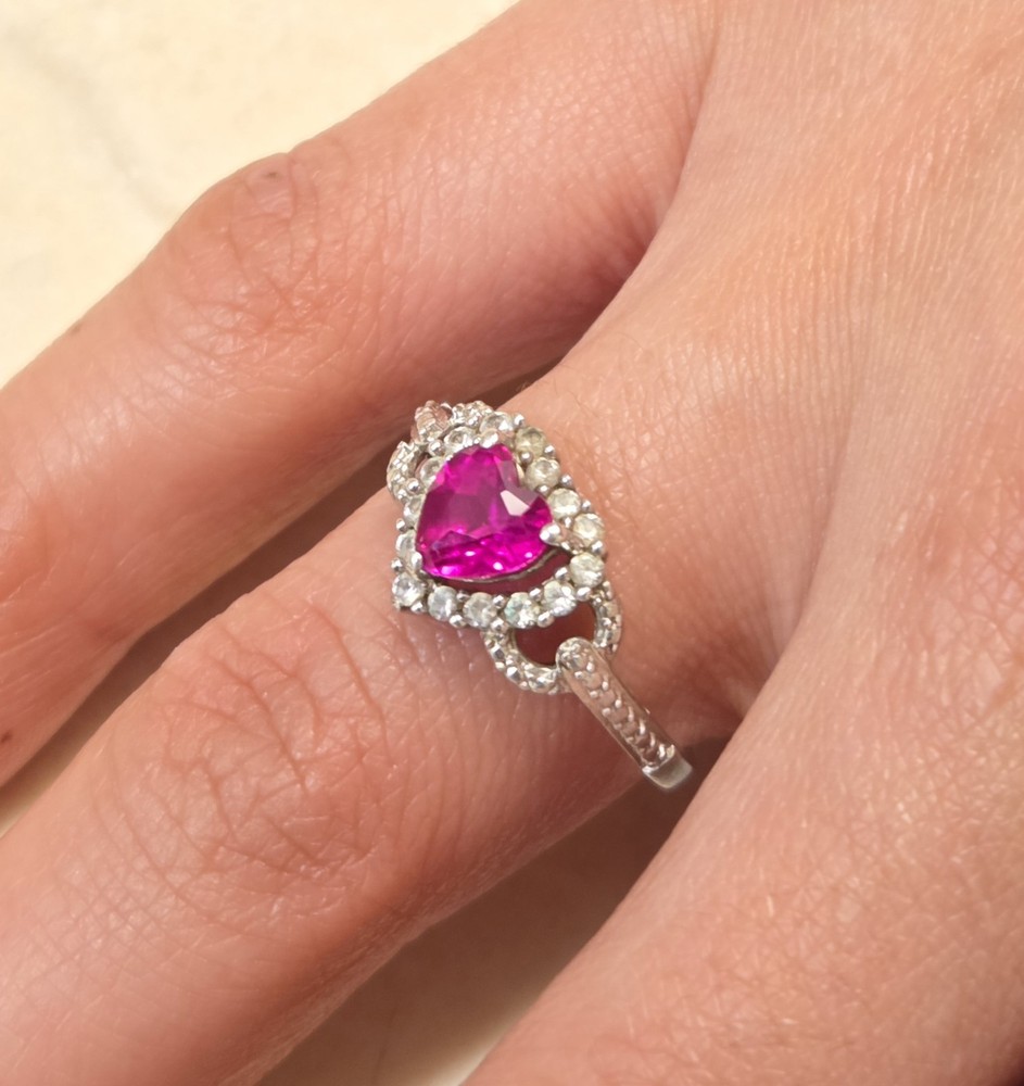 Vintage Sterling Silver Pink Topaz Halo Heart Ring 6¾
